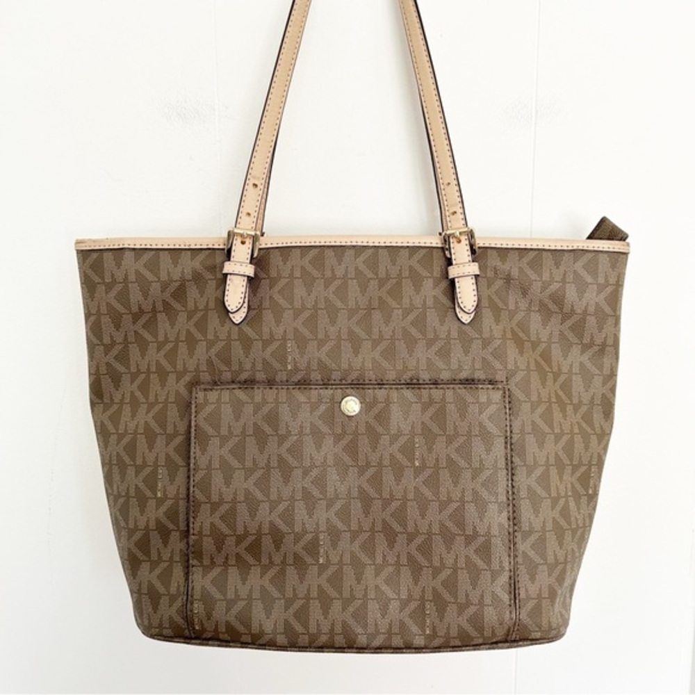 Michael Kors Jet Set Snap Pocket Tote Bag Brown Leather Logo Print